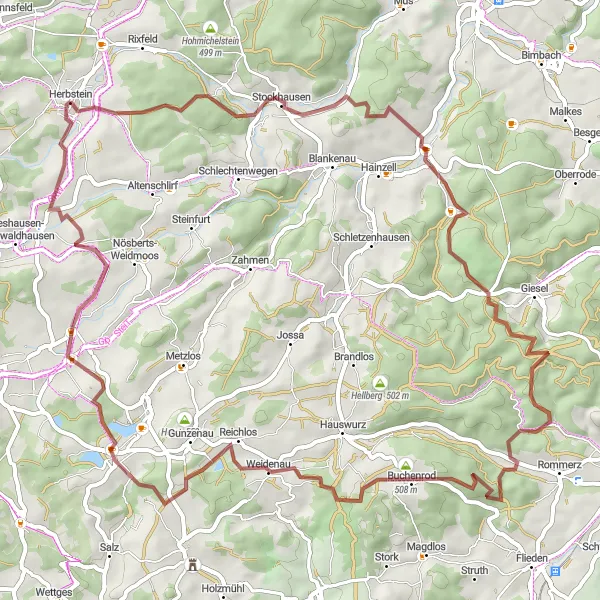 Map miniature of "Scenic Gravel Ride through Herbstein" cycling inspiration in Gießen, Germany. Generated by Tarmacs.app cycling route planner