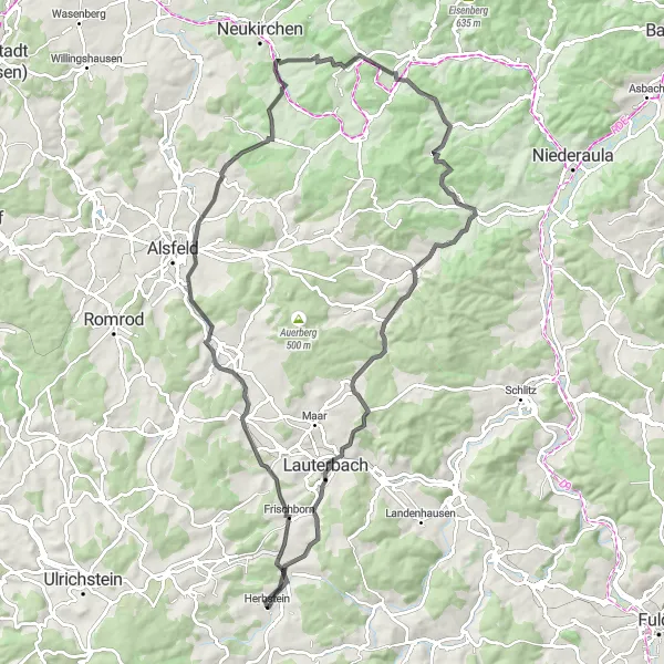 Map miniature of "Challenging Road Ride with Scenic Highlights" cycling inspiration in Gießen, Germany. Generated by Tarmacs.app cycling route planner