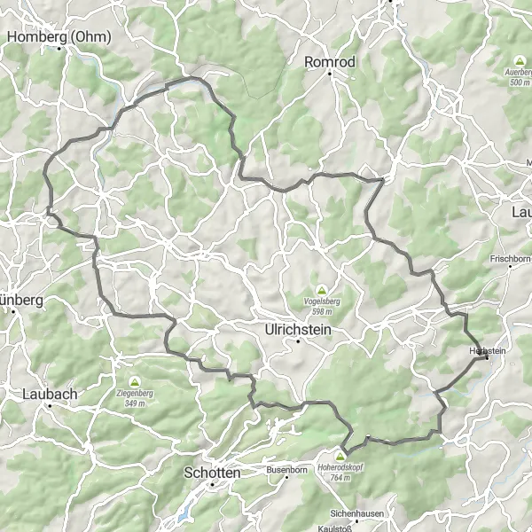 Map miniature of "Herbstein Scenic Loop" cycling inspiration in Gießen, Germany. Generated by Tarmacs.app cycling route planner
