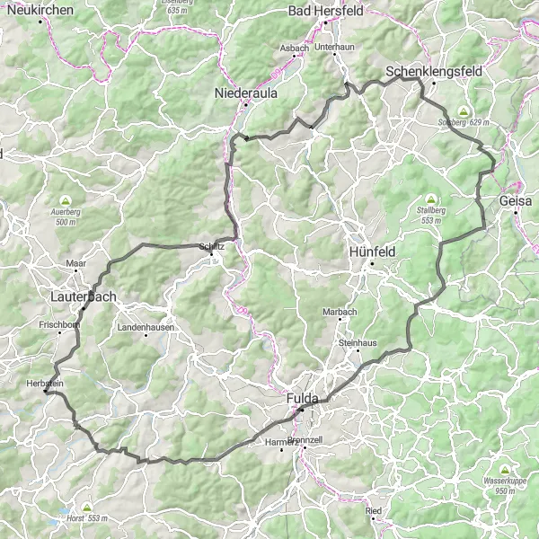 Karten-Miniaturansicht der Radinspiration "Herausforderung von Herbstein nach Altenschlirf" in Gießen, Germany. Erstellt vom Tarmacs.app-Routenplaner für Radtouren