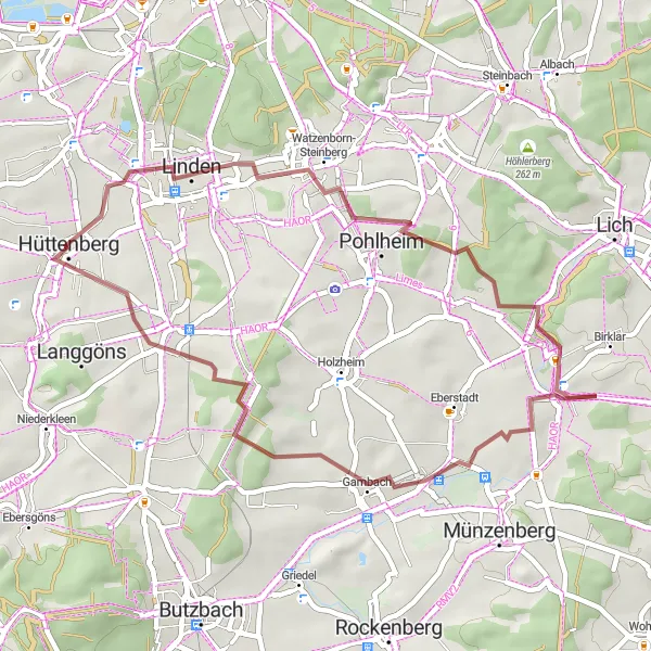 Map miniature of "Gravel Tour around Hörnsheim" cycling inspiration in Gießen, Germany. Generated by Tarmacs.app cycling route planner