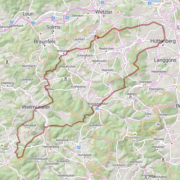 Map miniature of "Challenging Gravel Adventure" cycling inspiration in Gießen, Germany. Generated by Tarmacs.app cycling route planner