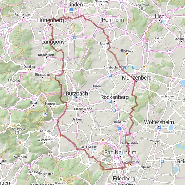 Map miniature of "Gravel Adventure in the Hüttenberg Region" cycling inspiration in Gießen, Germany. Generated by Tarmacs.app cycling route planner
