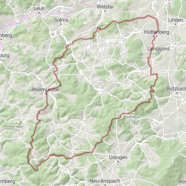 Map miniature of "Ultimate Gravel Challenge in the Weilmünster Region" cycling inspiration in Gießen, Germany. Generated by Tarmacs.app cycling route planner