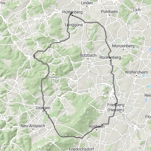 Map miniature of "Road Cycling Adventure near Hörnsheim" cycling inspiration in Gießen, Germany. Generated by Tarmacs.app cycling route planner