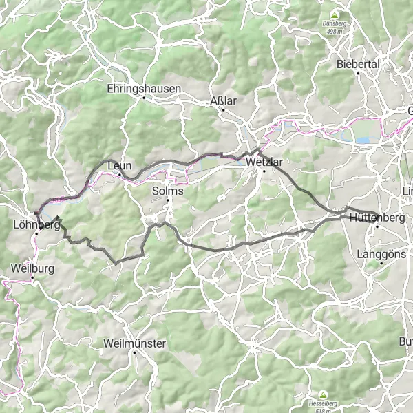 Map miniature of "Weidenhausen to Rechtenbach Loop" cycling inspiration in Gießen, Germany. Generated by Tarmacs.app cycling route planner