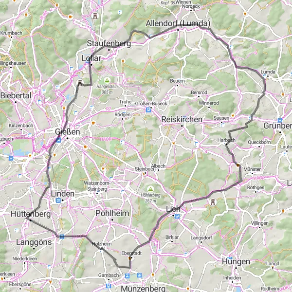 Map miniature of "Scenic Road Cycling Loop from Hörnsheim" cycling inspiration in Gießen, Germany. Generated by Tarmacs.app cycling route planner