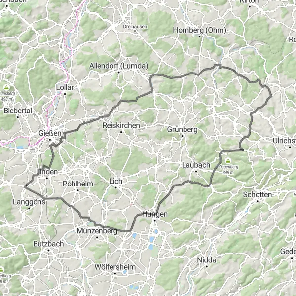 Map miniature of "Rödgen to Lang-Göns Loop" cycling inspiration in Gießen, Germany. Generated by Tarmacs.app cycling route planner
