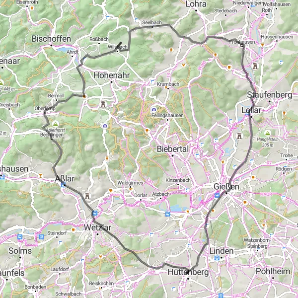 Map miniature of "Rechtenbach to Kleinlinden Loop" cycling inspiration in Gießen, Germany. Generated by Tarmacs.app cycling route planner