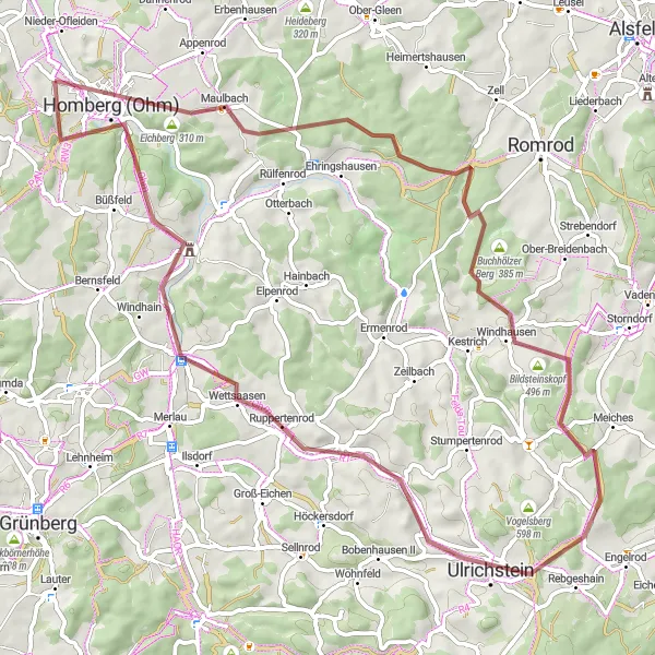 Map miniature of "Gravel Adventure around Homberg" cycling inspiration in Gießen, Germany. Generated by Tarmacs.app cycling route planner