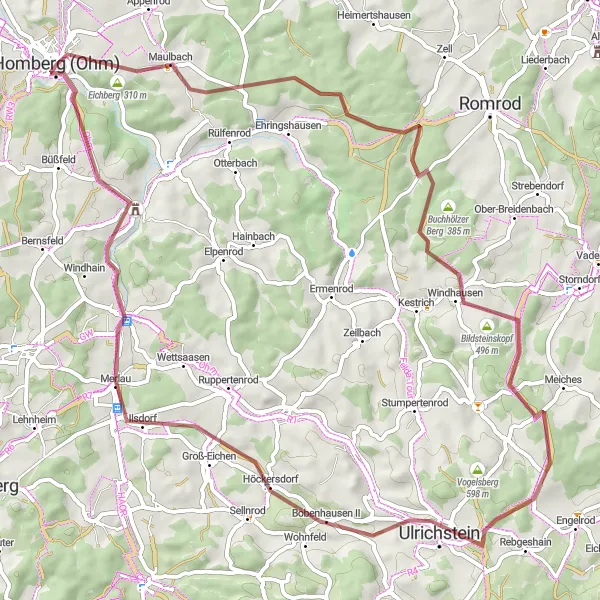 Map miniature of "Scenic Gravel Tour around Homberg" cycling inspiration in Gießen, Germany. Generated by Tarmacs.app cycling route planner