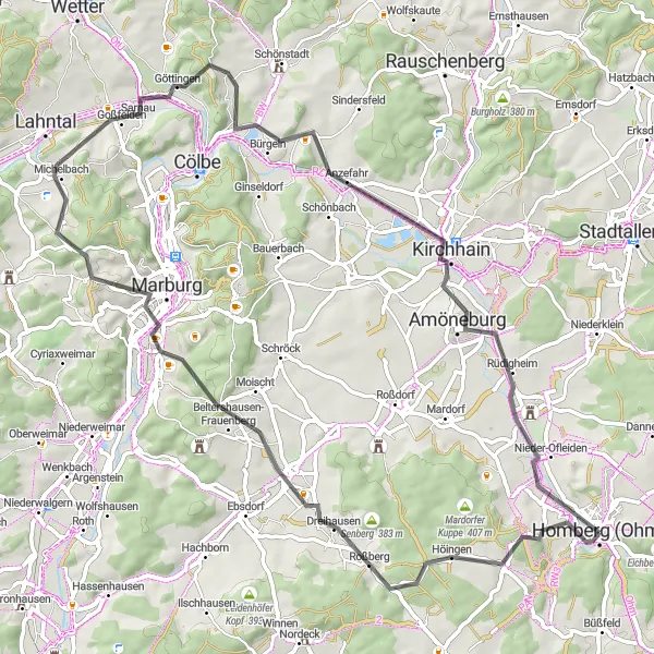 Map miniature of "Rondinchen and Marburg Adventure" cycling inspiration in Gießen, Germany. Generated by Tarmacs.app cycling route planner