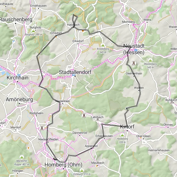 Map miniature of "Road Cycling Route: Homberg Loop" cycling inspiration in Gießen, Germany. Generated by Tarmacs.app cycling route planner