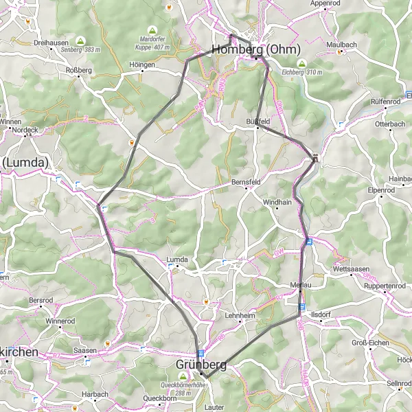 Map miniature of "Scenic Road Cycling Route: Gemünden Loop" cycling inspiration in Gießen, Germany. Generated by Tarmacs.app cycling route planner