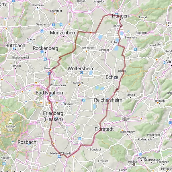 Map miniature of "Discover the Charm of Schloß Bingenheim" cycling inspiration in Gießen, Germany. Generated by Tarmacs.app cycling route planner