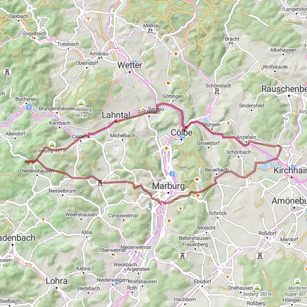 Karten-Miniaturansicht der Radinspiration "Stöckelberg und Damshausen Gravel Tour" in Gießen, Germany. Erstellt vom Tarmacs.app-Routenplaner für Radtouren