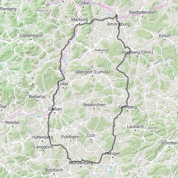 Karten-Miniaturansicht der Radinspiration "Radtour durch das Lumdatal" in Gießen, Germany. Erstellt vom Tarmacs.app-Routenplaner für Radtouren