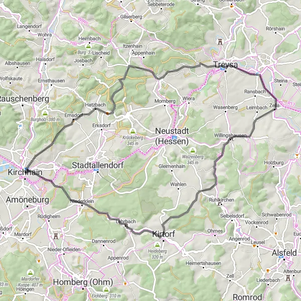 Karten-Miniaturansicht der Radinspiration "Entdeckungstour durch das Ohmtal" in Gießen, Germany. Erstellt vom Tarmacs.app-Routenplaner für Radtouren