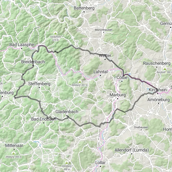 Karten-Miniaturansicht der Radinspiration "Breidenstein und Göttingen Road Tour" in Gießen, Germany. Erstellt vom Tarmacs.app-Routenplaner für Radtouren