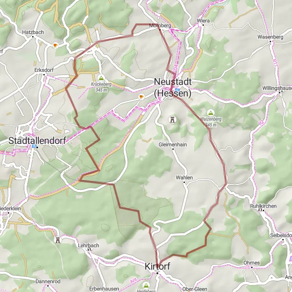 Karten-Miniaturansicht der Radinspiration "Gravel-Rundtour durch die hügelige Landschaft bei Kirtorf" in Gießen, Germany. Erstellt vom Tarmacs.app-Routenplaner für Radtouren