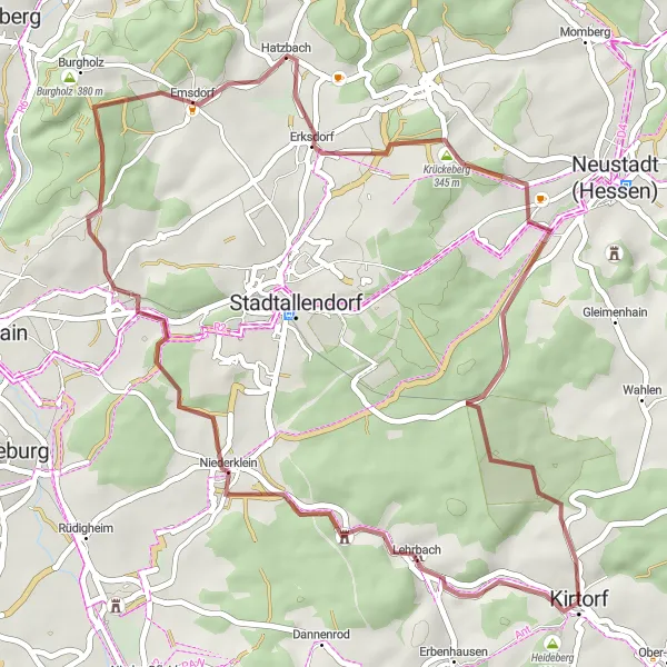 Karten-Miniaturansicht der Radinspiration "Gravelabenteuer um Heideberg" in Gießen, Germany. Erstellt vom Tarmacs.app-Routenplaner für Radtouren