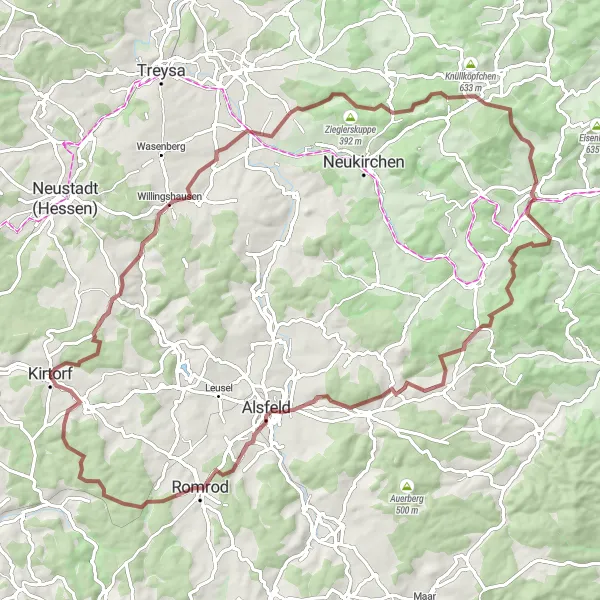 Karten-Miniaturansicht der Radinspiration "Kirtorf - Gravel Abenteuer" in Gießen, Germany. Erstellt vom Tarmacs.app-Routenplaner für Radtouren