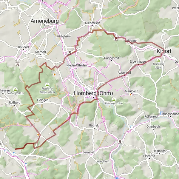 Map miniature of "Homberg Adventure Route" cycling inspiration in Gießen, Germany. Generated by Tarmacs.app cycling route planner