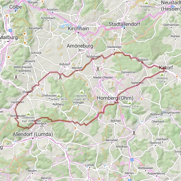 Karten-Miniaturansicht der Radinspiration "Graveltour um Heideberg" in Gießen, Germany. Erstellt vom Tarmacs.app-Routenplaner für Radtouren