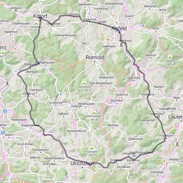Karten-Miniaturansicht der Radinspiration "Bergiges Abenteuer um Kirtorf" in Gießen, Germany. Erstellt vom Tarmacs.app-Routenplaner für Radtouren