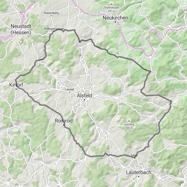 Karten-Miniaturansicht der Radinspiration "Roadbike-Abenteuer durch die Region um Kirtorf" in Gießen, Germany. Erstellt vom Tarmacs.app-Routenplaner für Radtouren
