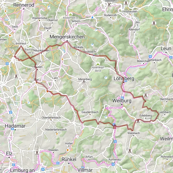 Map miniature of "The Gravel Tour to Freienfels" cycling inspiration in Gießen, Germany. Generated by Tarmacs.app cycling route planner