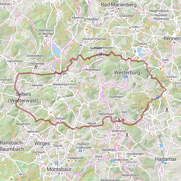 Map miniature of "The Gravel Adventure to Hergenroth" cycling inspiration in Gießen, Germany. Generated by Tarmacs.app cycling route planner