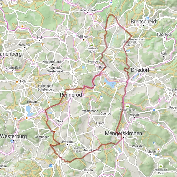 Karten-Miniaturansicht der Radinspiration "Gravelabenteuer in der Nähe von Langendernbach" in Gießen, Germany. Erstellt vom Tarmacs.app-Routenplaner für Radtouren