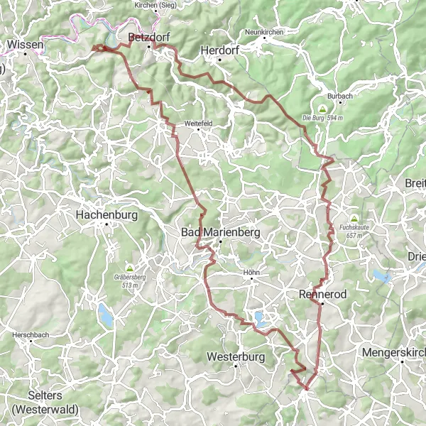 Map miniature of "Langendernbach Gravel Route" cycling inspiration in Gießen, Germany. Generated by Tarmacs.app cycling route planner