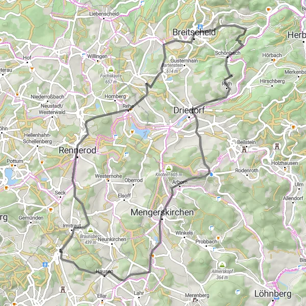 Map miniature of "The Road Adventure to Mengerskirchen" cycling inspiration in Gießen, Germany. Generated by Tarmacs.app cycling route planner