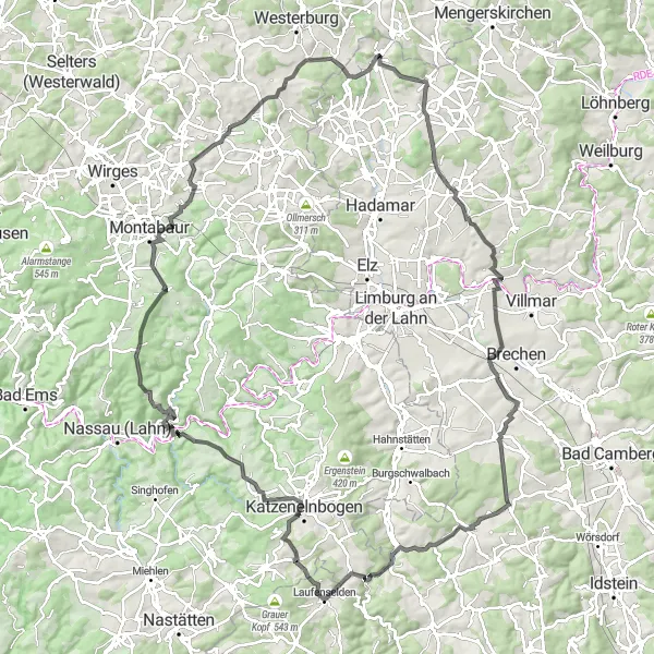 Map miniature of "Langendernbach Road Route" cycling inspiration in Gießen, Germany. Generated by Tarmacs.app cycling route planner