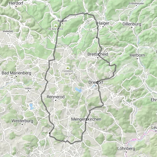 Map miniature of "Langendernbach Road Route" cycling inspiration in Gießen, Germany. Generated by Tarmacs.app cycling route planner