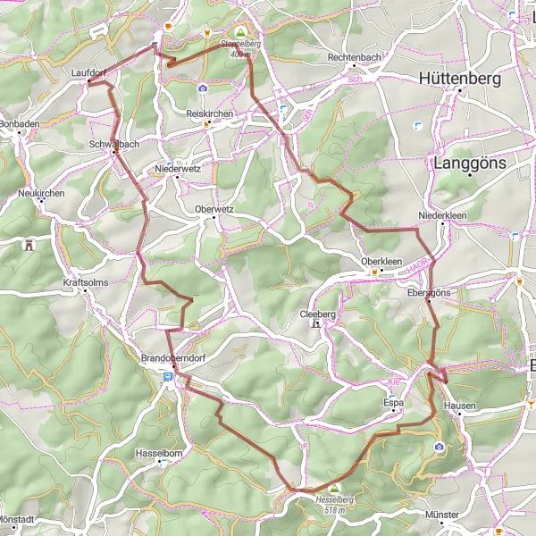 Map miniature of "Discover Ebersgöns and Volpertshausen Gravel Escape" cycling inspiration in Gießen, Germany. Generated by Tarmacs.app cycling route planner