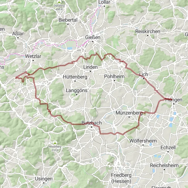 Map miniature of "Lützellinden and Oppershofen Adventure" cycling inspiration in Gießen, Germany. Generated by Tarmacs.app cycling route planner
