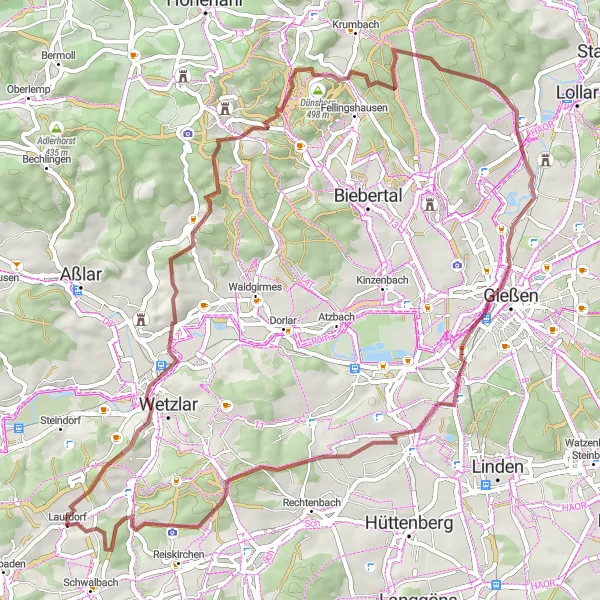 Map miniature of "Kalsmunt and Dünsberg Gravel Adventure" cycling inspiration in Gießen, Germany. Generated by Tarmacs.app cycling route planner
