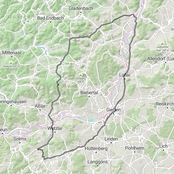 Map miniature of "Lollarer Kopf" cycling inspiration in Gießen, Germany. Generated by Tarmacs.app cycling route planner