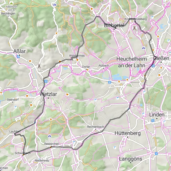 Karten-Miniaturansicht der Radinspiration "Road Tour von Laufdorf" in Gießen, Germany. Erstellt vom Tarmacs.app-Routenplaner für Radtouren