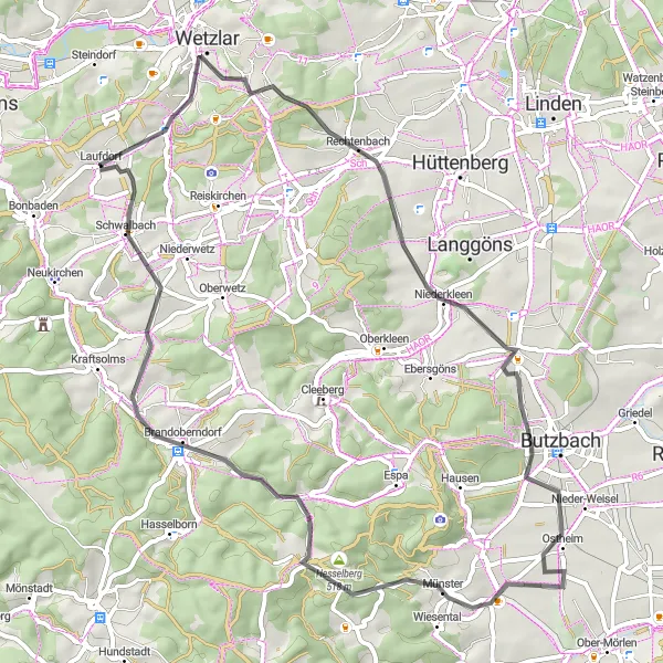 Map miniature of "Around Pohl-Göns and Münster Road Relaxation" cycling inspiration in Gießen, Germany. Generated by Tarmacs.app cycling route planner