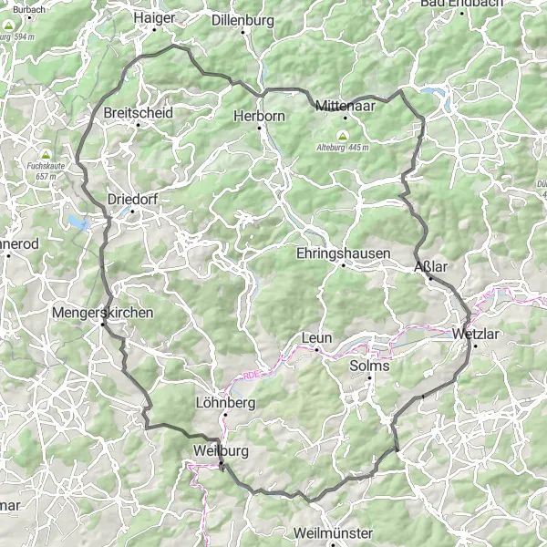 Map miniature of "Mengerskirchen and Langenaubach Road Challenge" cycling inspiration in Gießen, Germany. Generated by Tarmacs.app cycling route planner