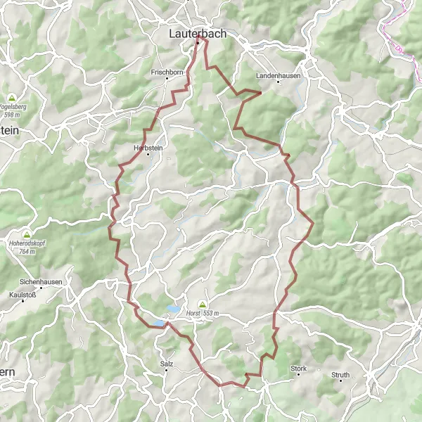 Map miniature of "Lauterbach - Hellberg - Naxburg Loop" cycling inspiration in Gießen, Germany. Generated by Tarmacs.app cycling route planner