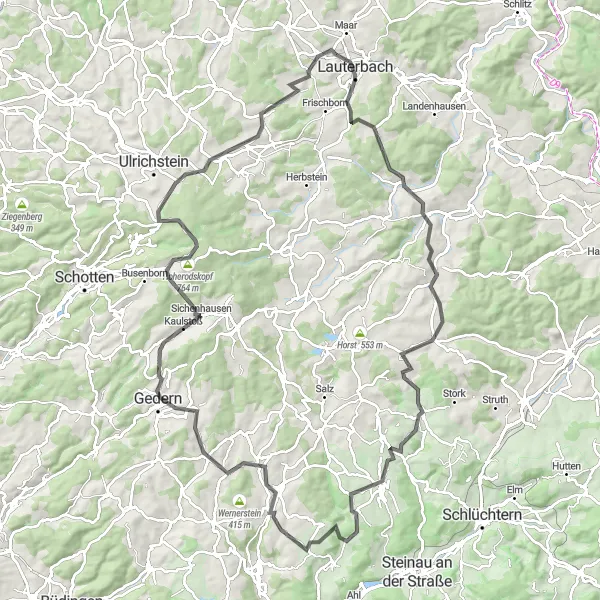 Map miniature of "Lauterbach - Gedern - Taufstein - Allmenrod Road Loop" cycling inspiration in Gießen, Germany. Generated by Tarmacs.app cycling route planner