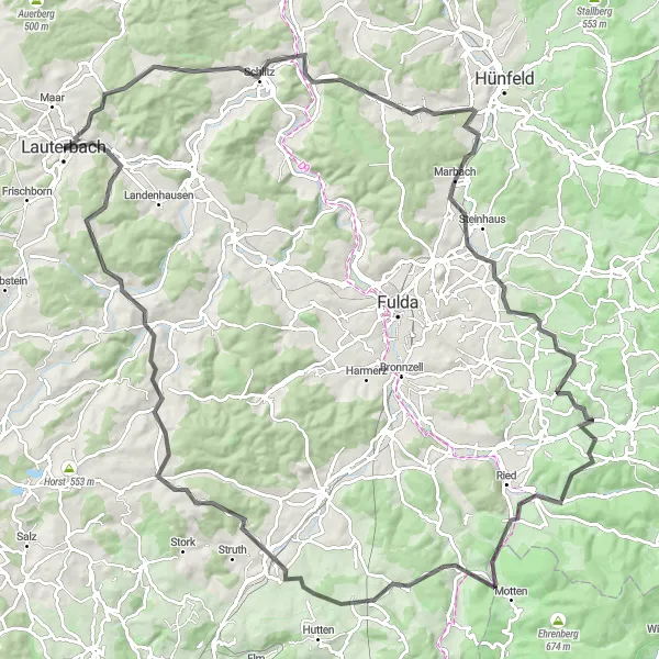 Map miniature of "Hutzdorf - Weinberg - Schneckentürmchen Road Ride" cycling inspiration in Gießen, Germany. Generated by Tarmacs.app cycling route planner