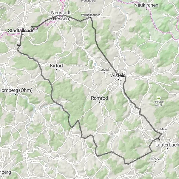 Map miniature of "Dirlammen - Ziegenrückskopf - Alsfeld Loop" cycling inspiration in Gießen, Germany. Generated by Tarmacs.app cycling route planner