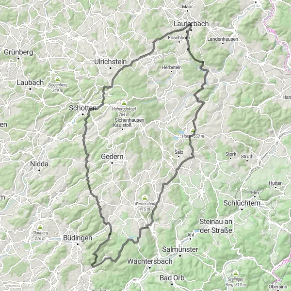 Map miniature of "Lauterbach Loop" cycling inspiration in Gießen, Germany. Generated by Tarmacs.app cycling route planner