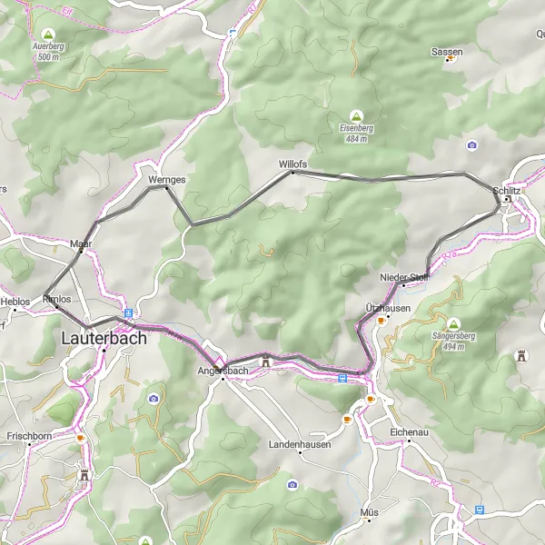 Map miniature of "Scenic Countryside Ride" cycling inspiration in Gießen, Germany. Generated by Tarmacs.app cycling route planner